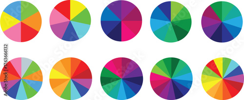 Pie chart color icons. Segment slice sign. Circle section graph.,6,7,8,9,10,11,12,13,14,15, segment infographic. Pie chart set. Wheel round diagram part symbol. Three phase, six circular cycle