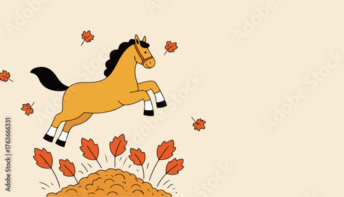 Cartoon Horse Jumping Over Autumn Leaves