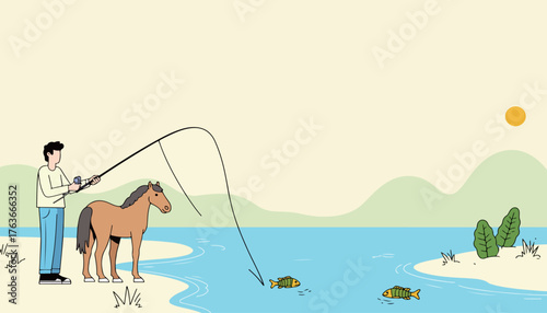 Man Fishing with a Horse
