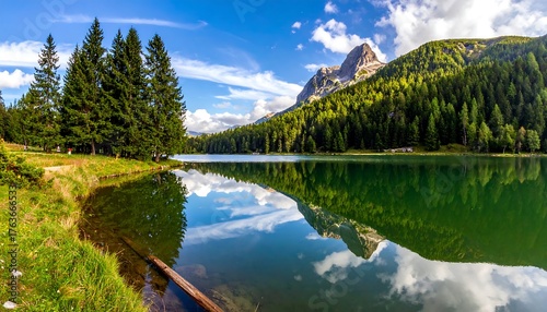 Serene Mountain Lake Reflection in Dolomites, Italy.