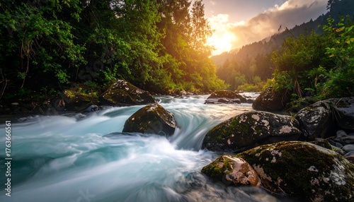 Serene Mountain River Flowing Through Lush Green Forest at Sunset.
