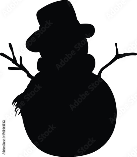 Simple black silhouette of snowman with hat, arm and muffler isolated on white background. vector illustration.