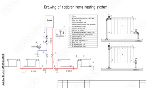 Vector drawing of radiator home heating system 
for one-storey premises. Connecting pipes to water heating boiler. Connection of ball tap, fittings, nut with thread. Engineering industrial design.