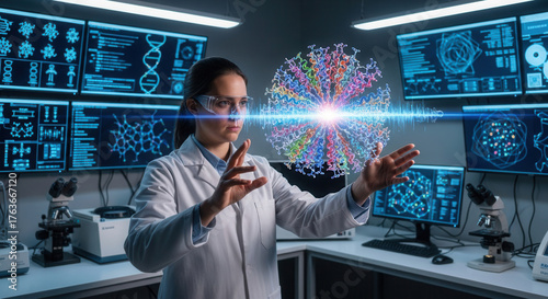 Researcher Interacting with 3D Hologram of a Virus Protein Structure