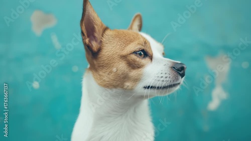 Curious dog with expressive eyes and mix of brown and white coat, showcasing charm and warmth against textured turquoise background in close up portrait