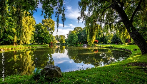 Serene park lake with lush green trees and reflections on a sunny day.