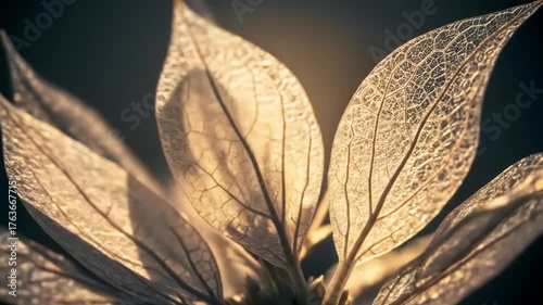 Translucent Leaves with Golden Light: Close-Up Nature Artistry and Textured Details