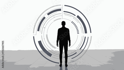 Futuristic silhouette standing within data hub, envisioning digital transformation, technological leadership, data analytics, and innovative solutions for business growth