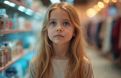 Wallpaper Mural Young girl with long blonde hair gazes thoughtfully upwards in a store aisle. Blue eyes show innocence and curiosity. Soft bokeh lights create a warm, inviting atmosphere. Torontodigital.ca