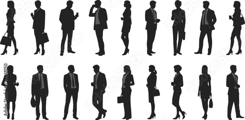 Business, silhouette, professionals, posture, gesture, standing, briefcase, coffee, attire, diversity, office, vector, black, white, design, illustration, template, concept, interaction, corporate
