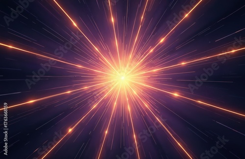Bright yellow orange light beams explode from center on dark purple background. Abstract starburst effect creates dynamic movement, energy, speed. Digital illustration time travel hyper speed portal,
