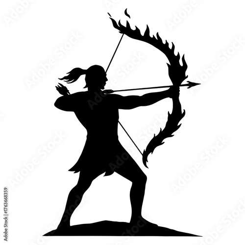 Archer pulling bow made of fire – fantasy strength symbol vector with white background 