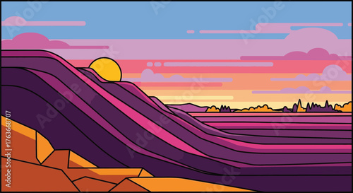 Vector landscape illustration with sunset and mountain view editable
