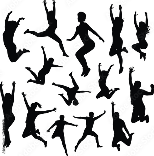Jumping, silhouette, people, movement, pose, dynamic, leaping, freedom, gesture, posture, vector, black, white, design, illustration, template, concept, energy, airborne, expressive