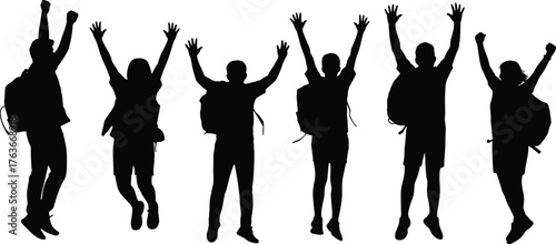 Jumping, silhouette, backpack, students, travelers, celebration, energy, movement, posture, vector, black, white, youth, freedom, excitement, gesture, illustration, template, design, concept