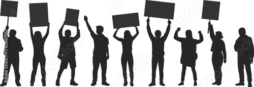 Protest, silhouette, people, signs, activism, demonstration, group, crowd, vector, black, white, civic, rights, unity, social, movement, standing, illustration, template, concept