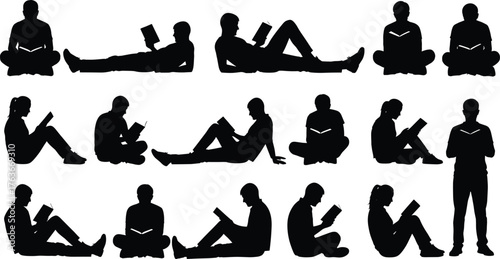 Reading, silhouette, people, posture, gesture, sitting, reclining, standing, book, casual, relaxed, lifestyle, vector, black, white, design, illustration, template, concept, comfort