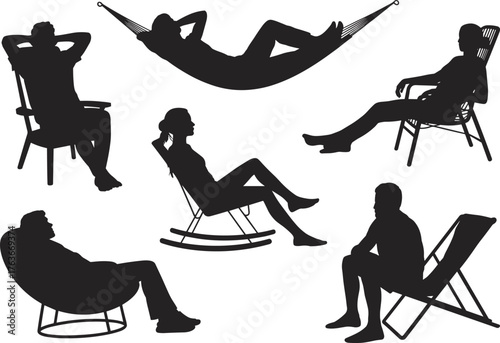 Relaxing, silhouette, people, chairs, hammock, posture, leisure, comfort, furniture, vector, black, white, sitting, lounge, ergonomic, casual, design, illustration, template, concept