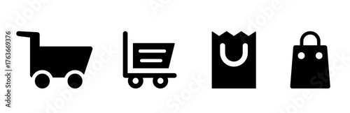 Shopping cart icon set. Paper bag and trolley. Vector flat clip art.