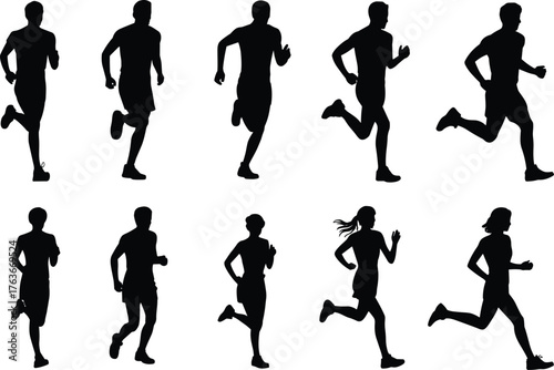 Running, silhouette, people, posture, stride, movement, gesture, dynamic, walking, jogging, sprinting, vector, black, white, design, illustration, template, concept, motion, athletic