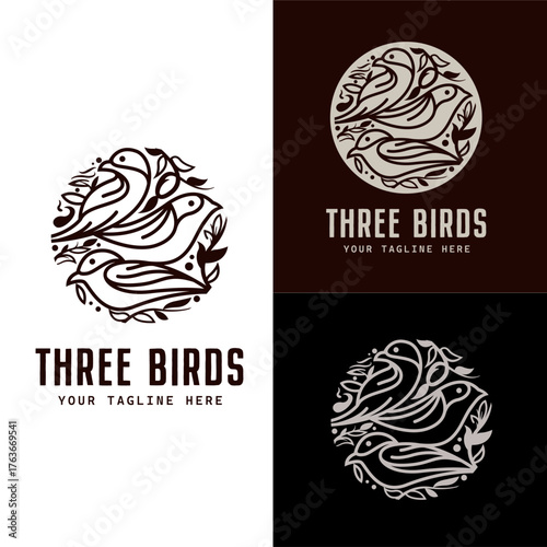Three little birds artistic doodle with branches leaves floral ornament logo design