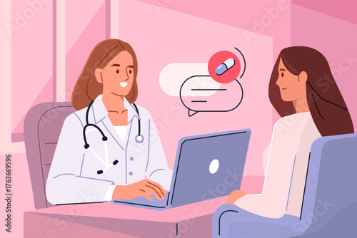 Woman doctor gynecologist sitting at desk and talking with patient. Female health, gynecology, healthcare concept illustration.