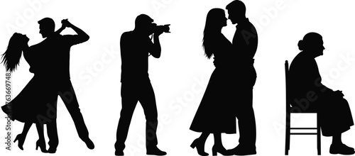 Silhouette, people, dancing, photography, romance, aging, posture, gesture, interaction, emotion, lifestyle, vector, black, white, design, illustration, template, concept, moment, human