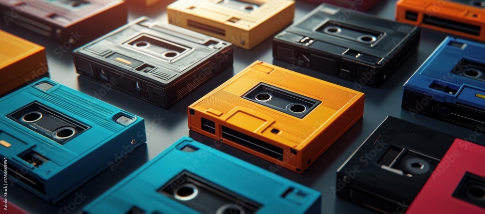 Obraz premium Colorful Cassette Tapes Lying Flat in an Overhead Arrangement