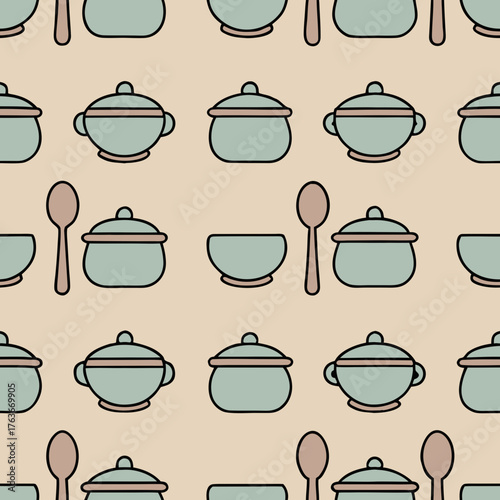 Seamless pattern featuring kitchenware like pots bowls and spoons on beige background