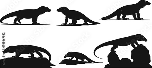 Komodo Dragon Silhouette Vector Set in Dynamic Poses and Terrain, Wildlife Reptile Illustration for Nature, Zoology, and Stock Use