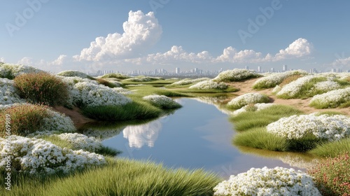 Urban wetland with ponds and wildflowers showcasing nature amidst city skyline on a clear day
