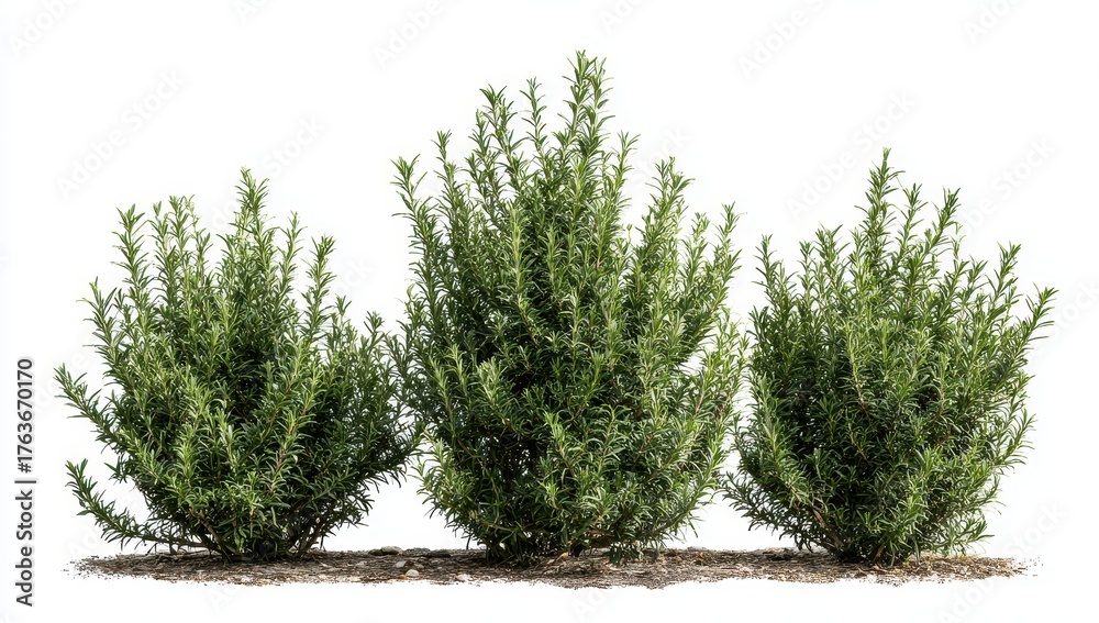 Fototapeta premium Three lush green evergreen bushes growing outdoors with textured ground detail
