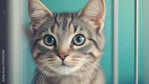 Curious Tabby Cat with Striking Green Eyes and Soft Fur, Playfully Peering Through Bars in Calming Blue Background, Capturing Essence of Charming Pet Animal