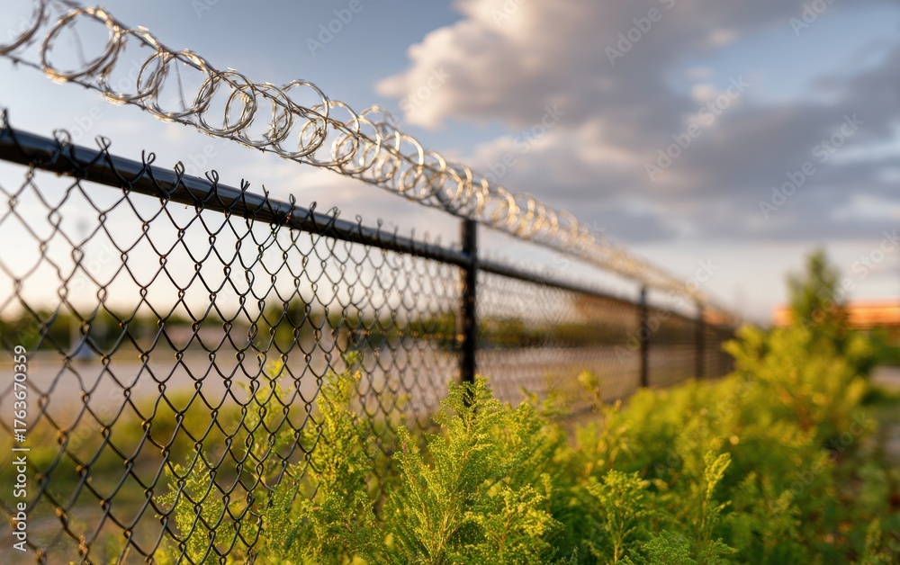 Fototapeta premium Black powder-coated steel mesh fencing with V-shaped barbed wire in a sunny outdoor setting