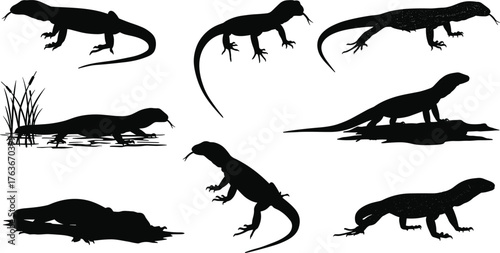 Silhouette monitor lizards walking, swimming, resting—black and white vector illustration of reptiles for wildlife, nature, swamp animal concept