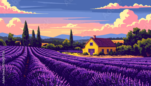 Summer rural landscape with houses, lavender fields, trees, meadows and hills in the background. Handmade doodle drawing vector illustration. Can be used to make books, banners, posters, etc
