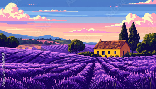 Summer rural landscape with houses, lavender fields, trees, meadows and hills in the background. Handmade doodle drawing vector illustration. Can be used to make books, banners, posters, etc
