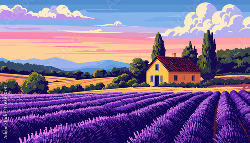 Summer rural landscape with houses, lavender fields, trees, meadows and hills in the background. Handmade doodle drawing vector illustration. Can be used to make books, banners, posters, etc

