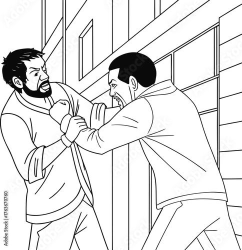 Street Confrontation: An intense, black and white depiction of a heated altercation between two individuals on a city street, conveying conflict and tension.