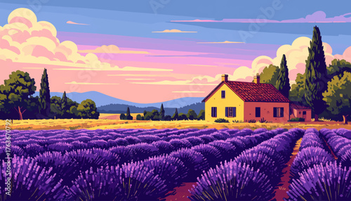 Summer rural landscape with houses, lavender fields, trees, meadows and hills in the background. Handmade doodle drawing vector illustration. Can be used to make books, banners, posters, etc
