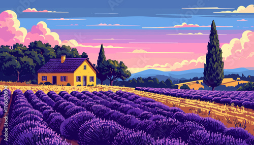 Summer rural landscape with houses, lavender fields, trees, meadows and hills in the background. Handmade doodle drawing vector illustration. Can be used to make books, banners, posters, etc
