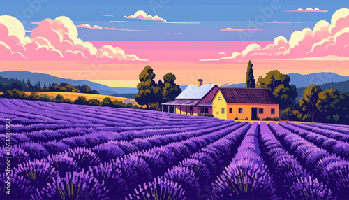 Summer rural landscape with houses, lavender fields, trees, meadows and hills in the background. Handmade doodle drawing vector illustration. Can be used to make books, banners, posters, etc
