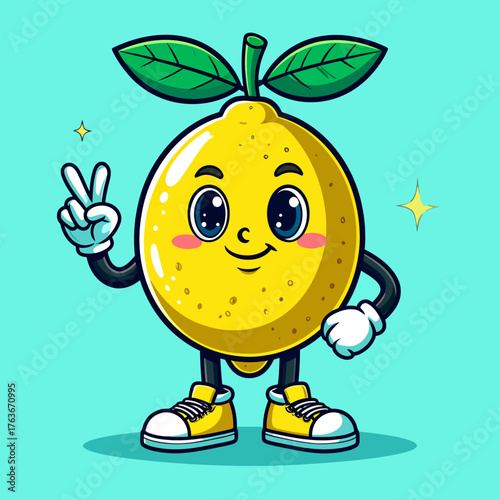 Cute lemon cartoon character in retro vintage style. Colorful and cheerful mascot vector illustration