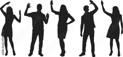 Waving, silhouette, people, greeting, farewell, gesture, posture, standing, hand, arm, vector, black, white, illustration, template, design, character, icons, social, concept