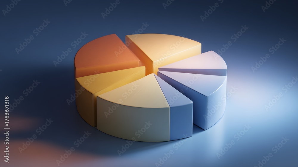 Obraz premium Three dimensional circular chart composed of multicolored segments rests on a reflective surface
