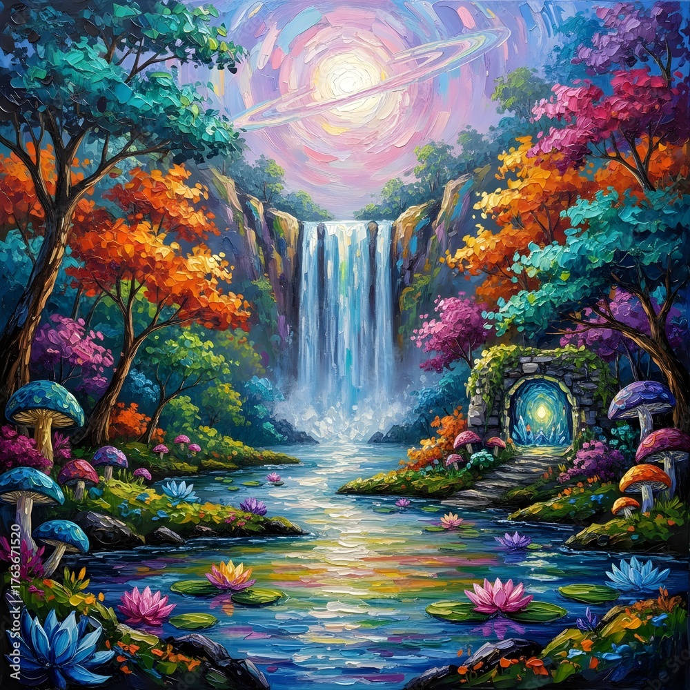 Fototapeta premium Beautiful natural waterfall flowing through lush green forest rocks in a peaceful park setting