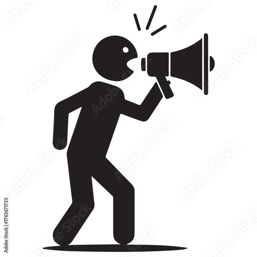 Minimalist Black Silhouette Vector Icon of Person Announcing with Megaphone