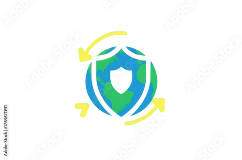 A stylized globe with a shield, representing protection and sustainability, surrounded by circular arrows symbolizing recycling or renewal.