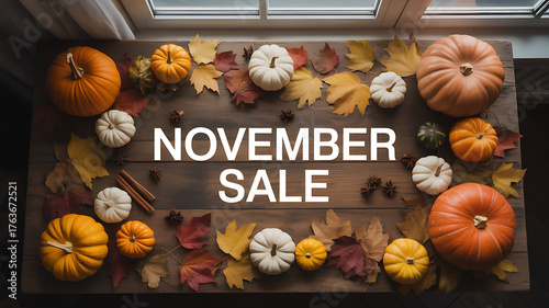 Overhead shot of a wooden table decorated with pumpkins, autumn leaves, cinnamon sticks, and the text november sale for a seasonal promotion