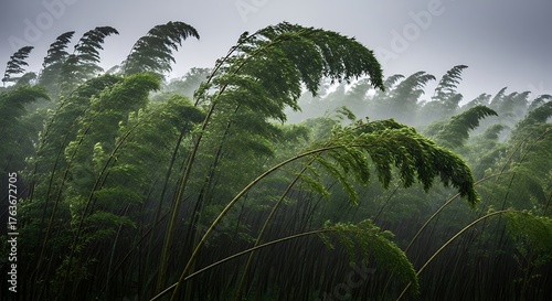Tall green reeds bending and swaying in a powerful storm.
